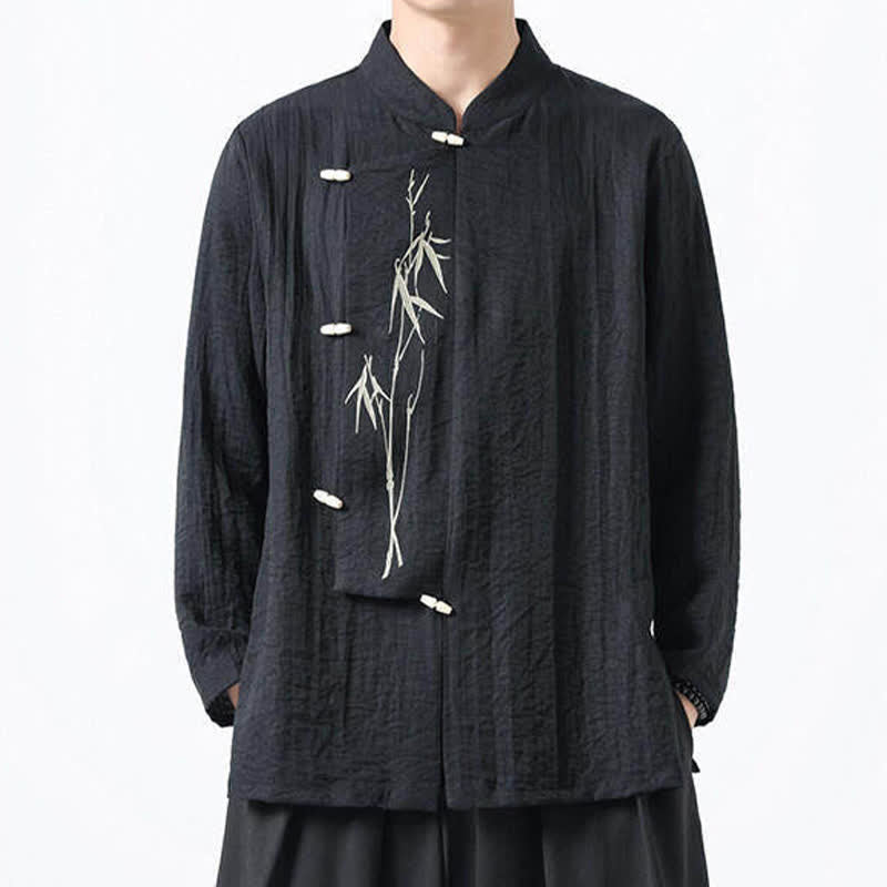 Buddha Stones Chemises à manches longues pour hommes, style vintage, col mandarin, boutons brandebourg, broderie bambou, style Tang printanier - image 7