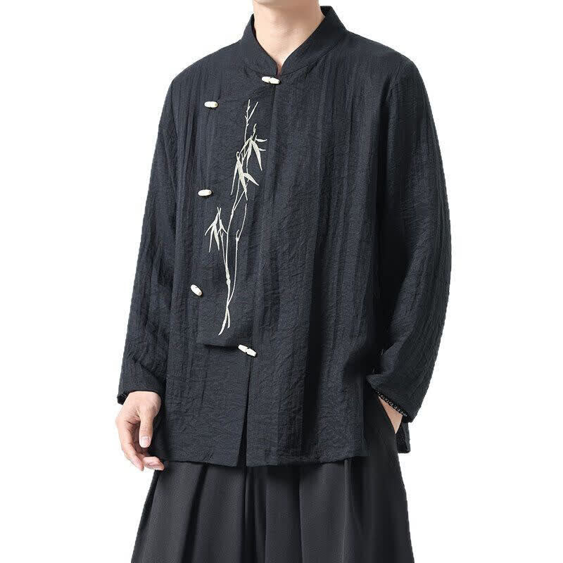 Buddha Stones Chemises à manches longues pour hommes, style vintage, col mandarin, boutons brandebourg, broderie bambou, style Tang printanier - image 8