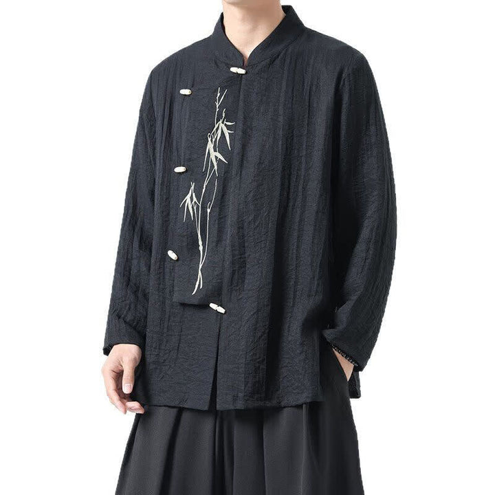 Buddha Stones Chemises à manches longues pour hommes, style vintage, col mandarin, boutons brandebourg, broderie bambou, style Tang printanier - image 8