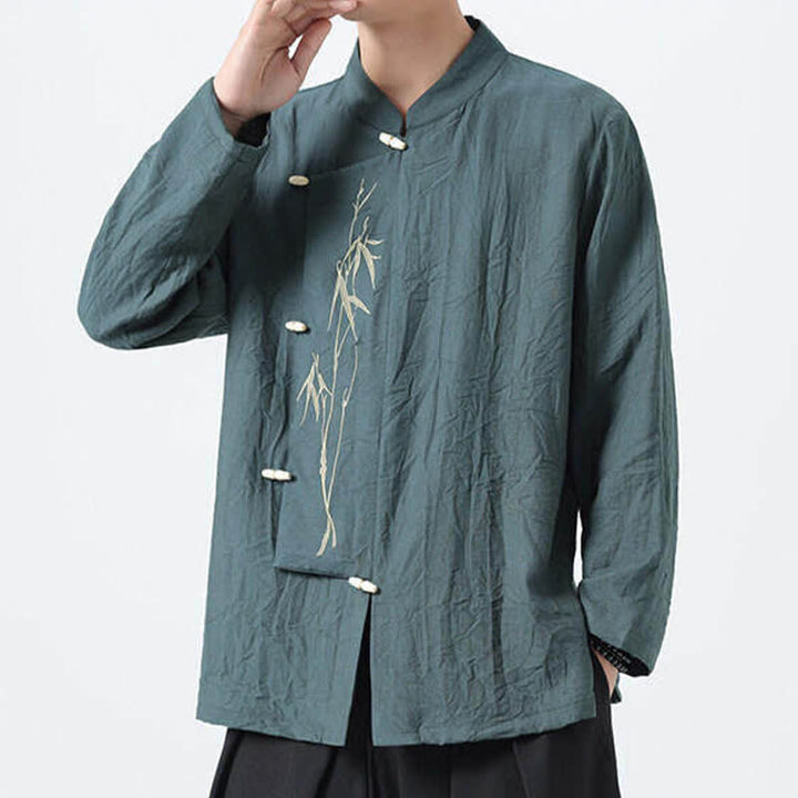 Buddha Stones Chemises à manches longues pour hommes, style vintage, col mandarin, boutons brandebourg, broderie bambou, style Tang printanier - image 2