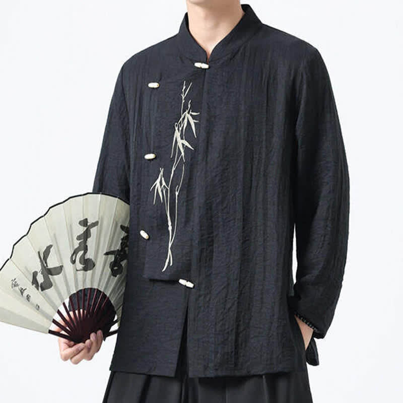 Buddha Stones Chemises à manches longues pour hommes, style vintage, col mandarin, boutons brandebourg, broderie bambou, style Tang printanier - image 6