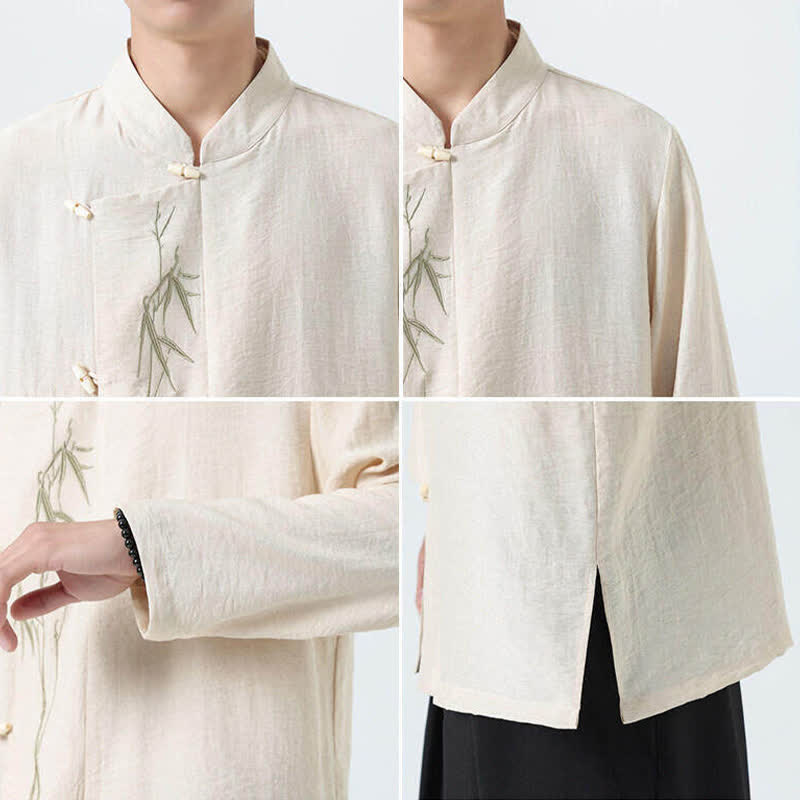Buddha Stones Chemises à manches longues pour hommes, style vintage, col mandarin, boutons brandebourg, broderie bambou, style Tang printanier - image 25