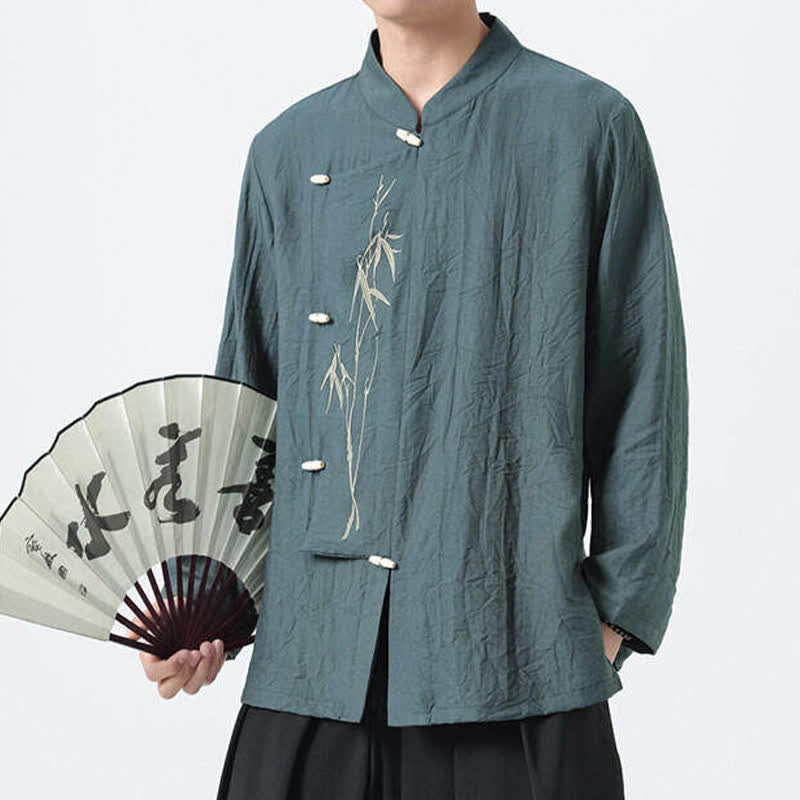 Buddha Stones Chemises à manches longues pour hommes, style vintage, col mandarin, boutons brandebourg, broderie bambou, style Tang printanier - CadetBlue - US/UK/AU46，EU56 (5XL) - image 0
