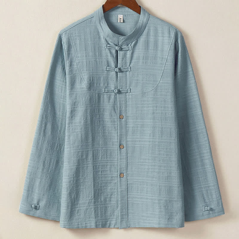 Buddha Stones Chemises à manches longues pour hommes, style Tang, vintage, col mandarin, boutons brandebourg, unies, automne-hiver - Bleu acier clair - US/UK/AU46，EU56 (5XL) - image 0