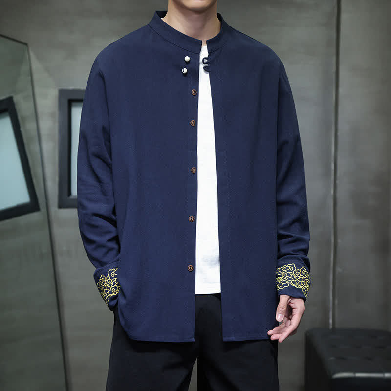 Buddha Stones Chemises à manches longues pour hommes, style Tang, décontractées, automne-hiver, col mandarin, broderie de nuages ​​porte-bonheur, poignets unis - Bleu nuit - US/UK/AU46，EU56 (5XL) - image 0