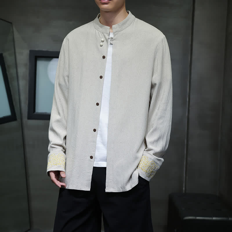 Buddha Stones Chemises à manches longues pour hommes, style Tang, décontractées, automne-hiver, col mandarin, broderie de nuages ​​porte-bonheur, poignets unis - Beige - US/UK/AU46，EU56 (5XL) - image 16