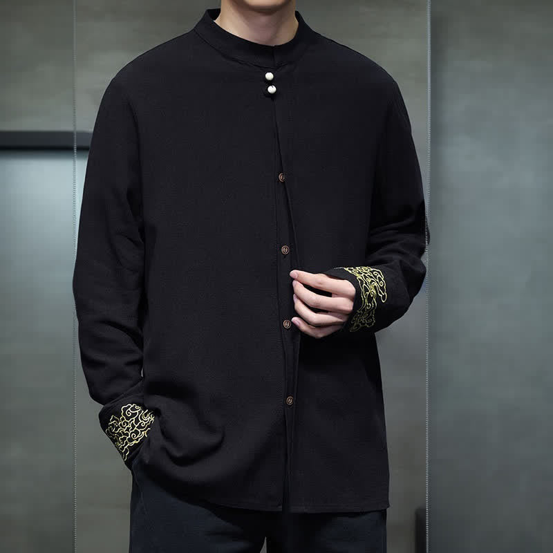 Buddha Stones Chemises à manches longues pour hommes, style Tang, décontractées, automne-hiver, col mandarin, broderie de nuages ​​porte-bonheur, poignets unis - image 13