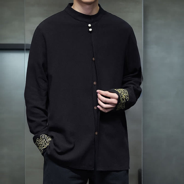 Buddha Stones Chemises à manches longues pour hommes, style Tang, décontractées, automne-hiver, col mandarin, broderie de nuages ​​porte-bonheur, poignets unis - image 13