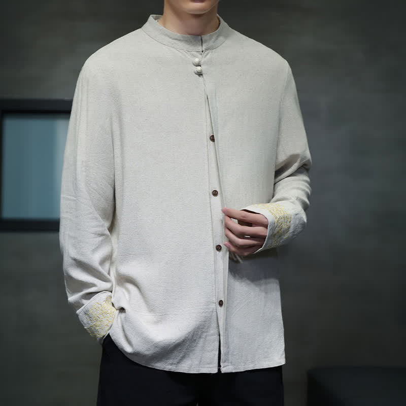 Buddha Stones Chemises à manches longues pour hommes, style Tang, décontractées, automne-hiver, col mandarin, broderie de nuages ​​porte-bonheur, poignets unis - image 17