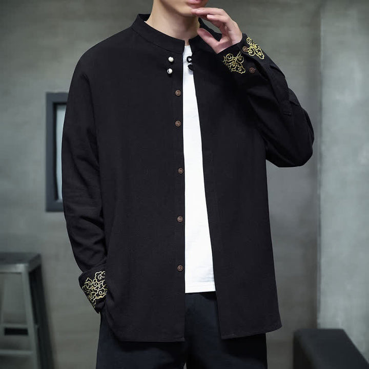 Buddha Stones Chemises à manches longues pour hommes, style Tang, décontractées, automne-hiver, col mandarin, broderie de nuages ​​porte-bonheur, poignets unis - Noir - US/UK/AU46，EU56 (5XL) - image 11