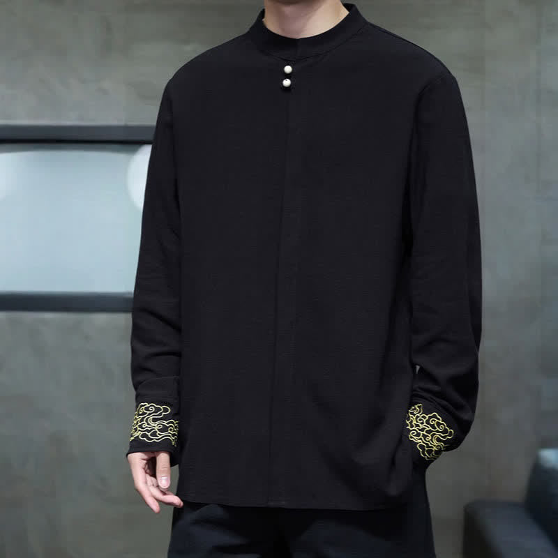 Buddha Stones Chemises à manches longues pour hommes, style Tang, décontractées, automne-hiver, col mandarin, broderie de nuages ​​porte-bonheur, poignets unis - image 15