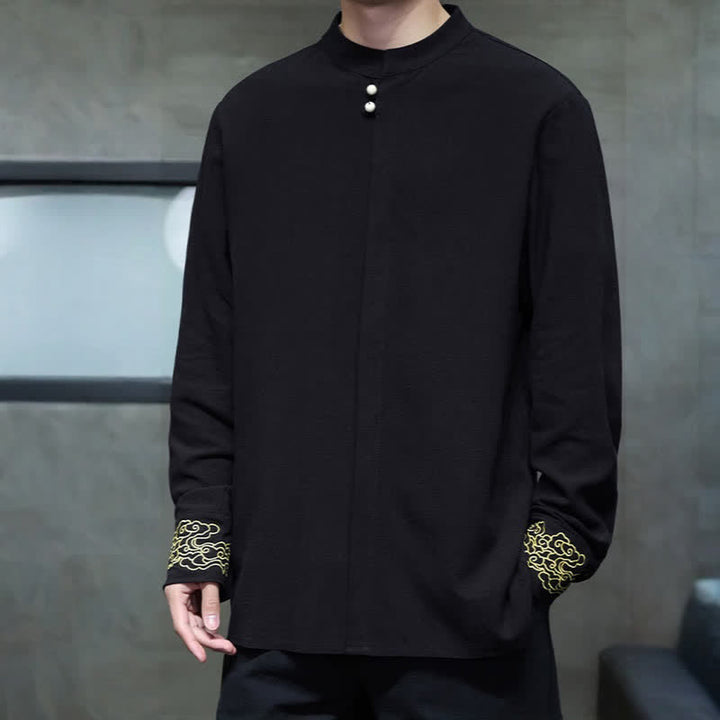 Buddha Stones Chemises à manches longues pour hommes, style Tang, décontractées, automne-hiver, col mandarin, broderie de nuages ​​porte-bonheur, poignets unis - image 15