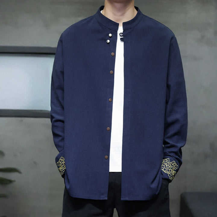 Buddha Stones Chemises à manches longues pour hommes, style Tang, décontractées, automne-hiver, col mandarin, broderie de nuages ​​porte-bonheur, poignets unis - image 8
