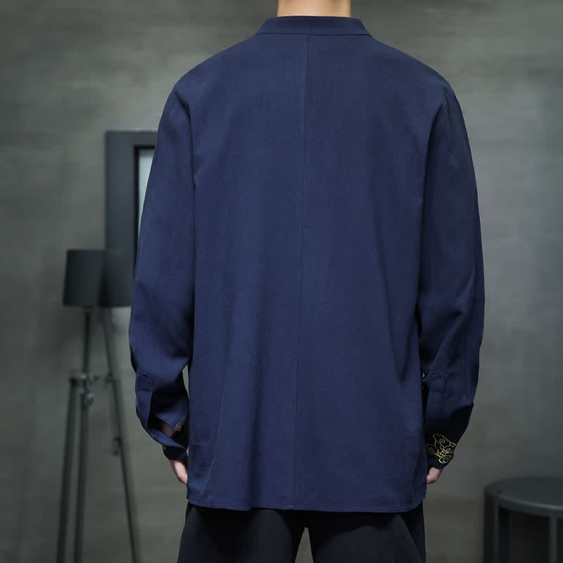 Buddha Stones Chemises à manches longues pour hommes, style Tang, décontractées, automne-hiver, col mandarin, broderie de nuages ​​porte-bonheur, poignets unis - image 4