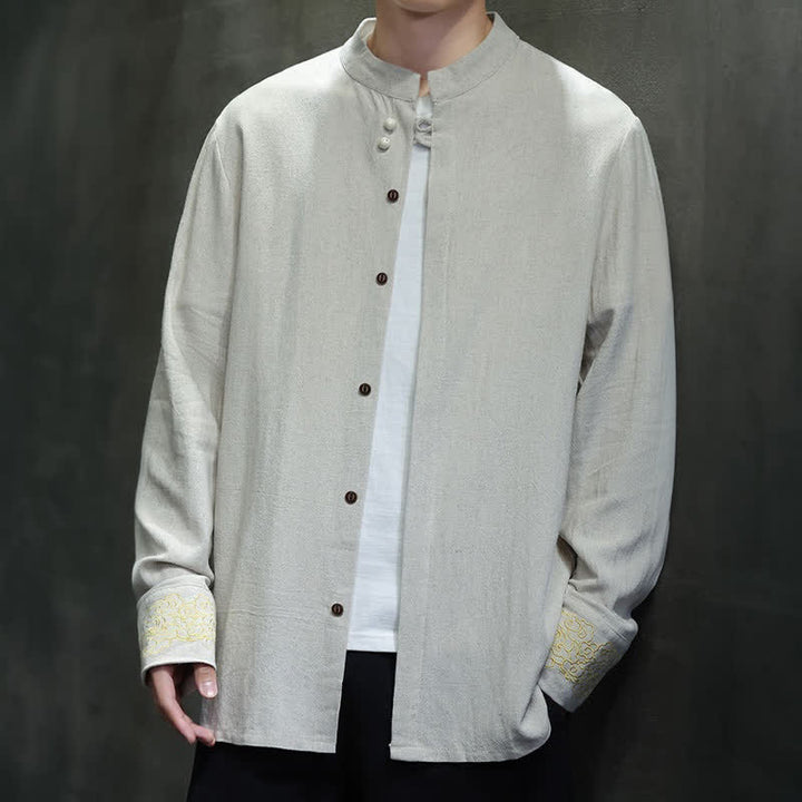 Buddha Stones Chemises à manches longues pour hommes, style Tang, décontractées, automne-hiver, col mandarin, broderie de nuages ​​porte-bonheur, poignets unis - image 22