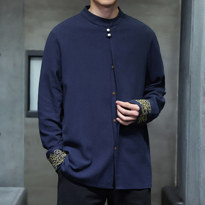Buddha Stones Chemises à manches longues pour hommes, style Tang, décontractées, automne-hiver, col mandarin, broderie de nuages ​​porte-bonheur, poignets unis - image 6