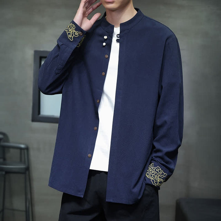 Buddha Stones Chemises à manches longues pour hommes, style Tang, décontractées, automne-hiver, col mandarin, broderie de nuages ​​porte-bonheur, poignets unis - image 3