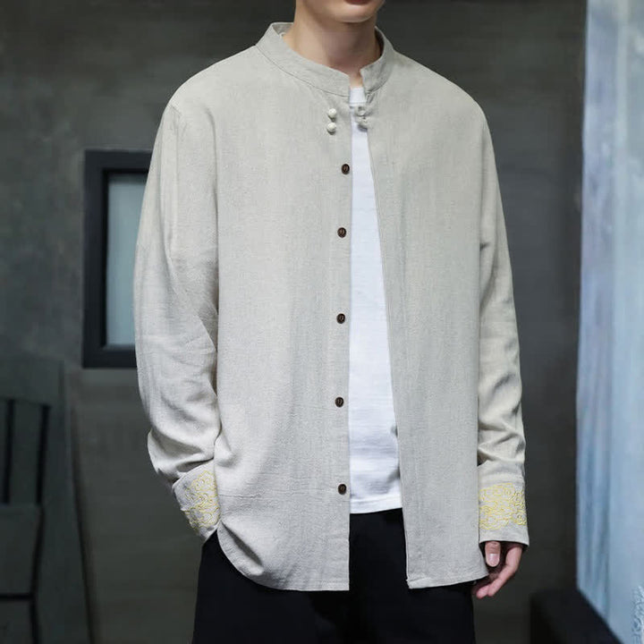 Buddha Stones Chemises à manches longues pour hommes, style Tang, décontractées, automne-hiver, col mandarin, broderie de nuages ​​porte-bonheur, poignets unis - image 21