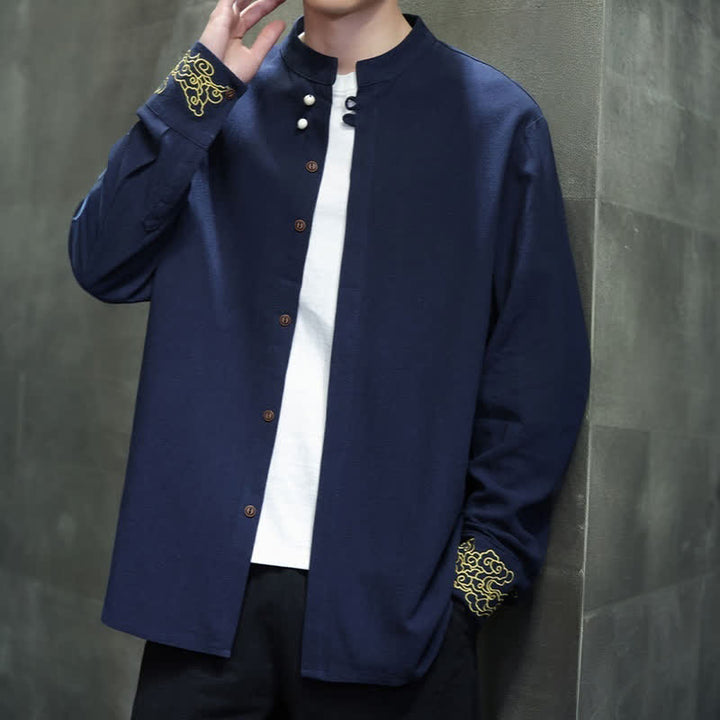 Buddha Stones Chemises à manches longues pour hommes, style Tang, décontractées, automne-hiver, col mandarin, broderie de nuages ​​porte-bonheur, poignets unis - image 5