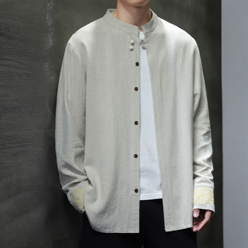 Buddha Stones Chemises à manches longues pour hommes, style Tang, décontractées, automne-hiver, col mandarin, broderie de nuages ​​porte-bonheur, poignets unis - image 23