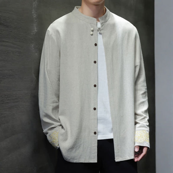 Buddha Stones Chemises à manches longues pour hommes, style Tang, décontractées, automne-hiver, col mandarin, broderie de nuages ​​porte-bonheur, poignets unis - image 23