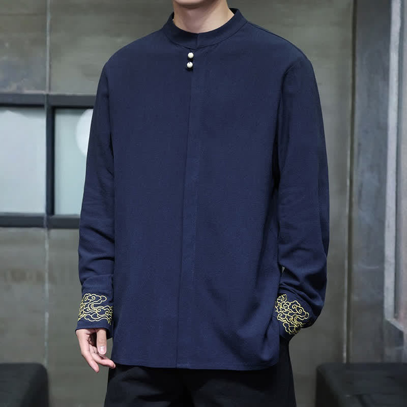 Buddha Stones Chemises à manches longues pour hommes, style Tang, décontractées, automne-hiver, col mandarin, broderie de nuages ​​porte-bonheur, poignets unis - image 2