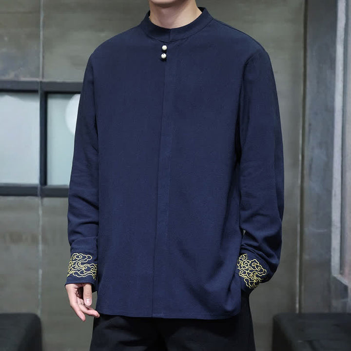 Buddha Stones Chemises à manches longues pour hommes, style Tang, décontractées, automne-hiver, col mandarin, broderie de nuages ​​porte-bonheur, poignets unis - image 2
