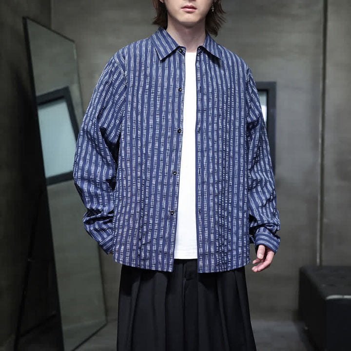 Buddha Stones Chemises à manches longues rayées minimalistes décontractées pour hommes, style automne - Marine - US/UK/AU46，EU56 (5XL) - image 0
