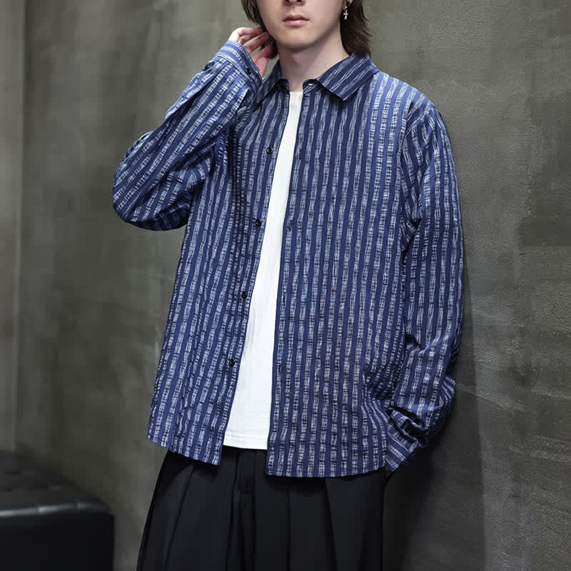 Buddha Stones Chemises à manches longues rayées minimalistes décontractées pour hommes, style automne - image 7
