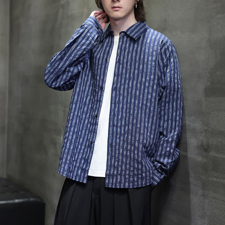 Buddha Stones Chemises à manches longues rayées minimalistes décontractées pour hommes, style automne - image 7