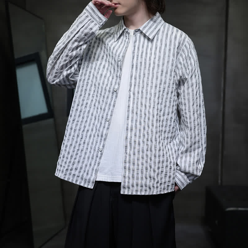 Buddha Stones Chemises à manches longues rayées minimalistes décontractées pour hommes, style automne - image 10