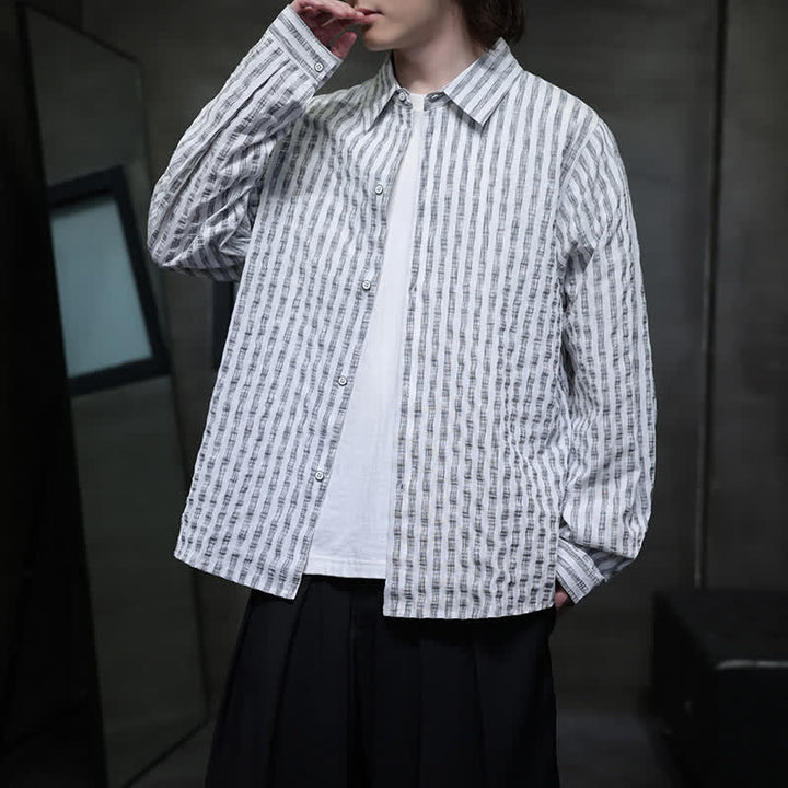 Buddha Stones Chemises à manches longues rayées minimalistes décontractées pour hommes, style automne - image 10