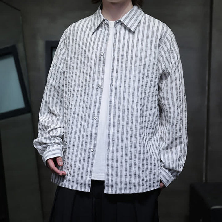 Buddha Stones Chemises à manches longues rayées minimalistes décontractées pour hommes, style automne - image 14