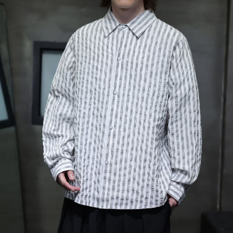 Buddha Stones Chemises à manches longues rayées minimalistes décontractées pour hommes, style automne - image 13