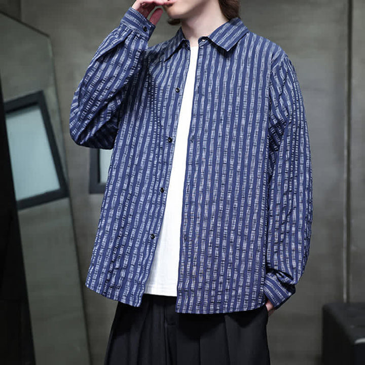 Buddha Stones Chemises à manches longues rayées minimalistes décontractées pour hommes, style automne - image 8