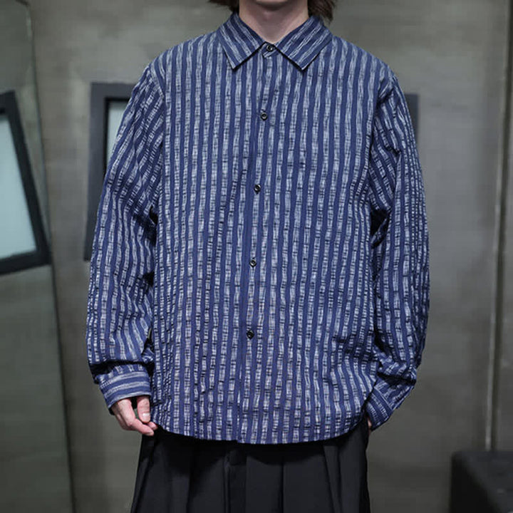 Buddha Stones Chemises à manches longues rayées minimalistes décontractées pour hommes, style automne - image 5