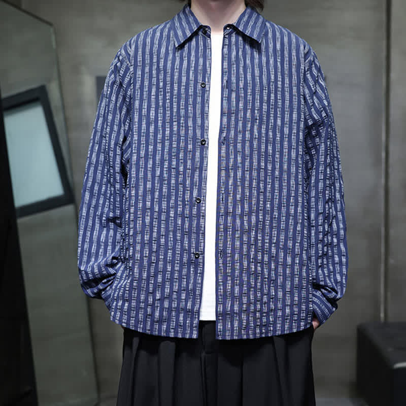Buddha Stones Chemises à manches longues rayées minimalistes décontractées pour hommes, style automne - image 3