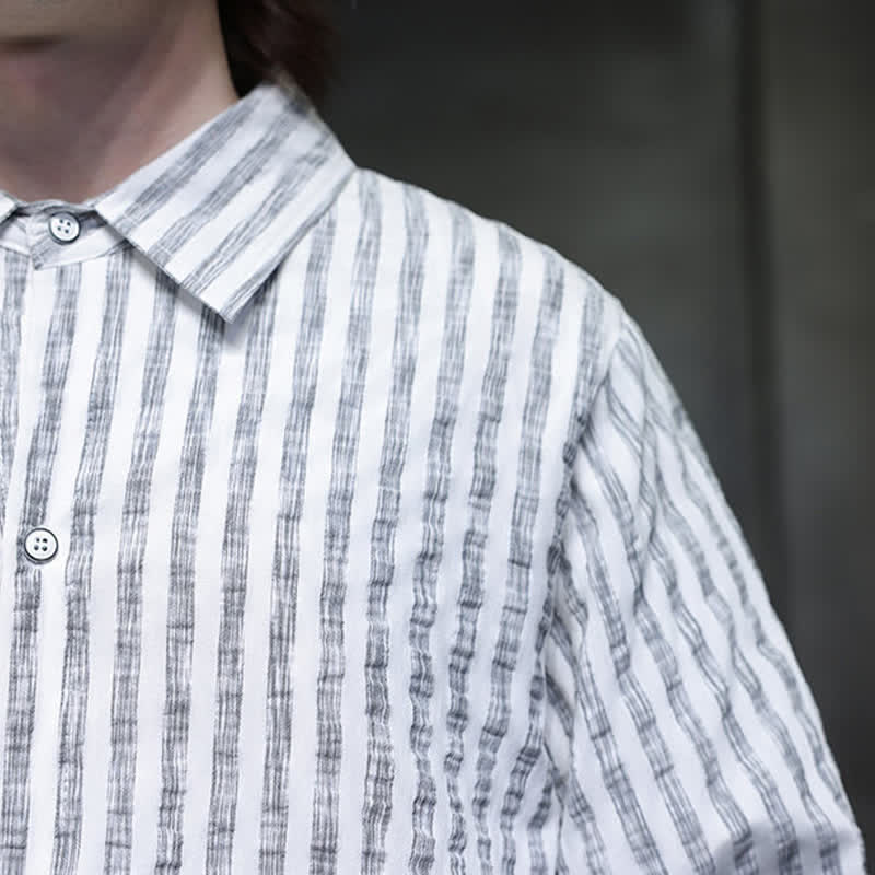 Buddha Stones Chemises à manches longues rayées minimalistes décontractées pour hommes, style automne - image 20