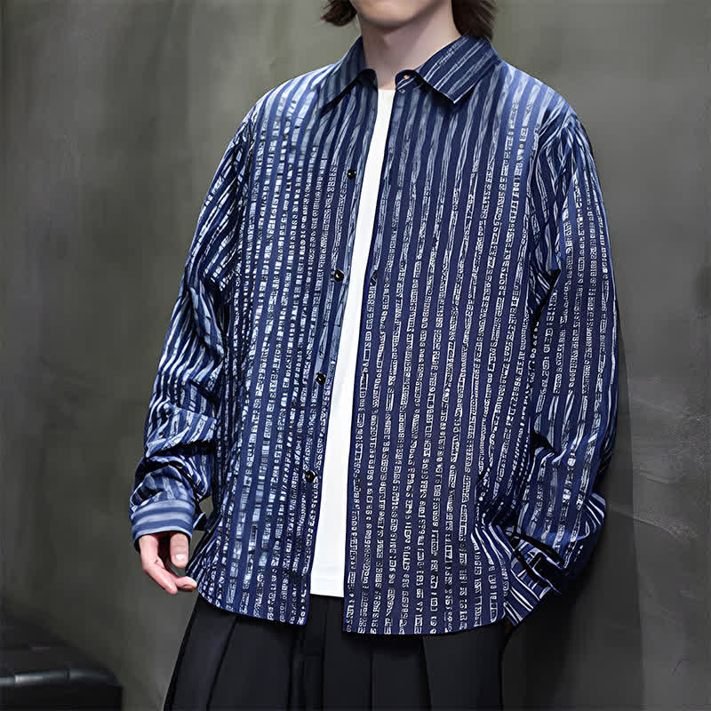 Buddha Stones Chemises à manches longues rayées minimalistes décontractées pour hommes, style automne - image 6