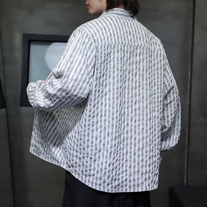 Buddha Stones Chemises à manches longues rayées minimalistes décontractées pour hommes, style automne - image 12