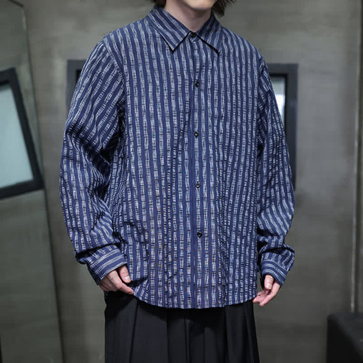 Buddha Stones Chemises à manches longues rayées minimalistes décontractées pour hommes, style automne - image 2