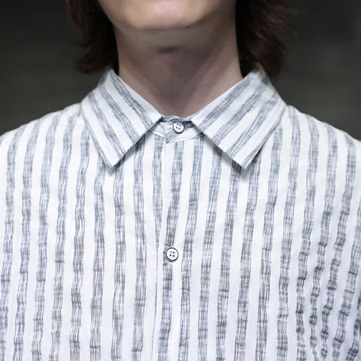 Buddha Stones Chemises à manches longues rayées minimalistes décontractées pour hommes, style automne - image 19