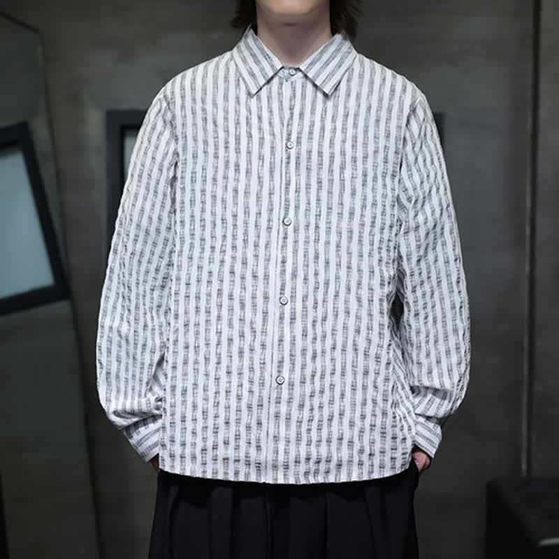 Buddha Stones Chemises à manches longues rayées minimalistes décontractées pour hommes, style automne - image 18