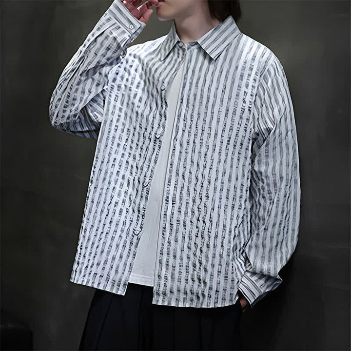 Buddha Stones Chemises à manches longues rayées minimalistes décontractées pour hommes, style automne - image 17