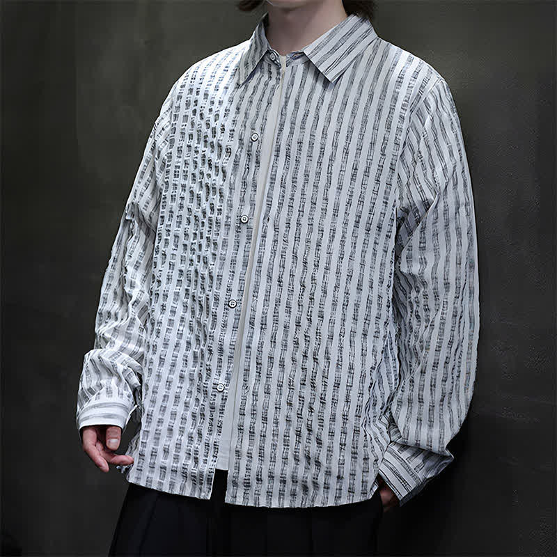 Buddha Stones Chemises à manches longues rayées minimalistes décontractées pour hommes, style automne - image 16