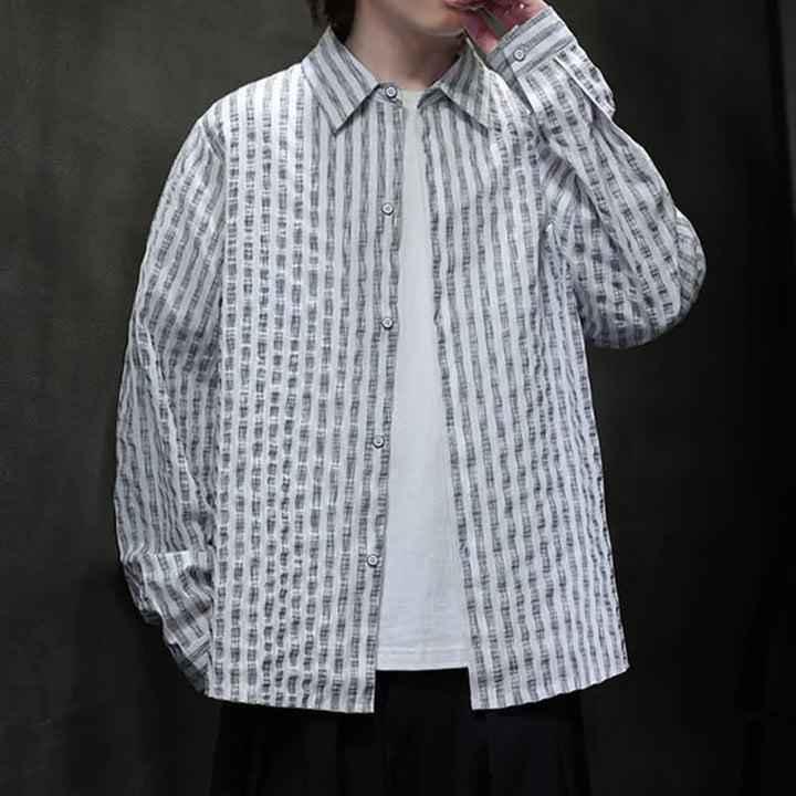 Buddha Stones Chemises à manches longues rayées minimalistes décontractées pour hommes, style automne - image 15