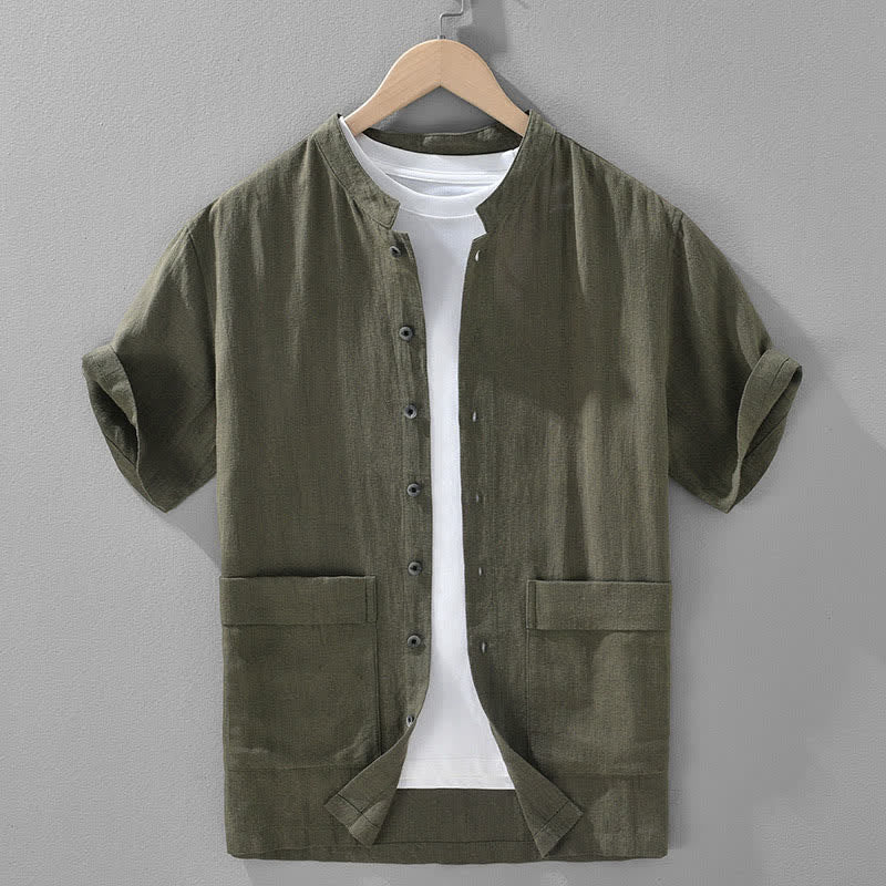 Buddha Stones Chemises d'été décontractées pour hommes, col mandarin, boutonnées, manches courtes, unies, avec poches - Vert olive foncé - US/UK/AU42，EU52 (3XL) - image 0
