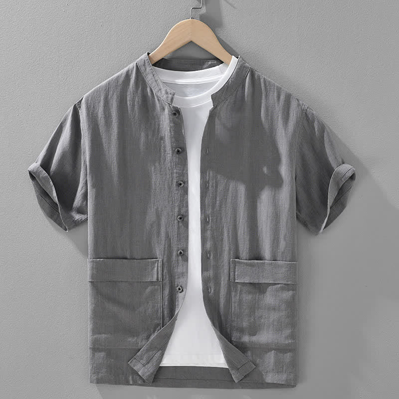 Buddha Stones Chemises d'été décontractées pour hommes, col mandarin, boutonnées, manches courtes, unies, avec poches - Gris ardoise - US/UK/AU42，EU52 (3XL) - image 2