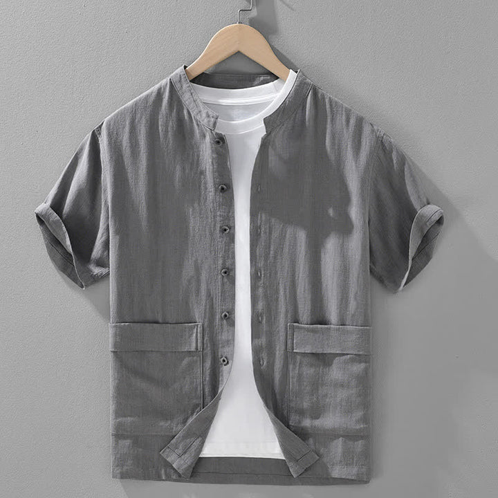 Buddha Stones Chemises d'été décontractées pour hommes, col mandarin, boutonnées, manches courtes, unies, avec poches - Gris ardoise - US/UK/AU42，EU52 (3XL) - image 2