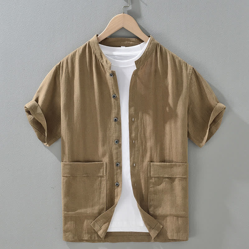 Buddha Stones Chemises d'été décontractées pour hommes, col mandarin, boutonnées, manches courtes, unies, avec poches - BurlyWood - US/UK/AU42，EU52 (3XL) - image 1